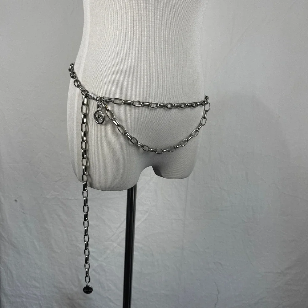 Michael Kors Silver Chain Belt Adjustable Logo Charm One‎ Size 46.5 Inch Long